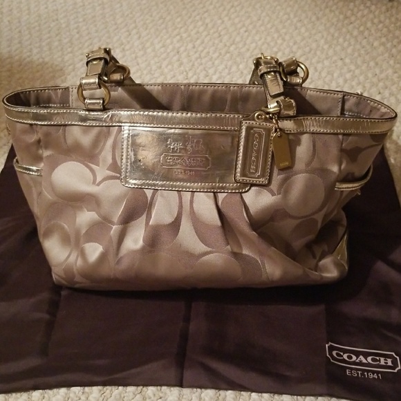 Coach Handbags - *SOLD* Coach Signature Tan and Gold Tote